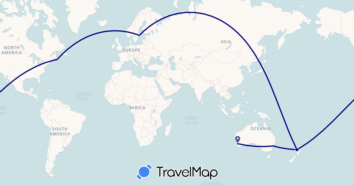 TravelMap itinerary: driving in Australia, Canada, New Zealand, Sweden (Europe, North America, Oceania)